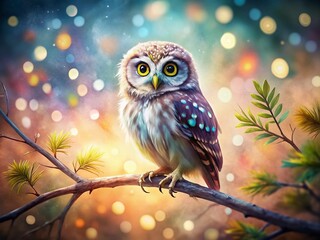 Adorable Watercolor Owl on Branch - Cute Bird Illustration Stock Photo