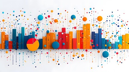 Clean and modern illustration of business data graph with colorful pie charts and line graphs on a white background, professional design with copy space