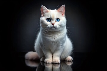 Obraz premium Adorable White British Shorthair Cat with Striking Blue Eyes - Minimalist Black Background Stock Photo