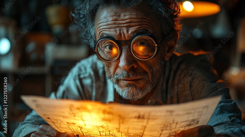 Poster intrigued inventor holding glowing device in dimly lit workshop with blueprints and tools