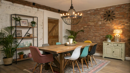 Rustic dining room, exposed brick wall, wooden table, colorful modern chairs, vintage chandelier, potted plants, industrial shelving, cozy atmosphere, warm lighting, eclectic decor, farmhouse style si