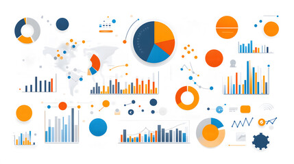 Fototapeta premium Modern infographic-style illustration featuring business pie charts and line graphs on a simple white background
