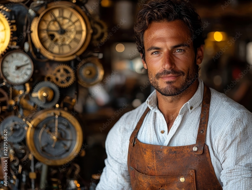 Poster proud inventor showcasing clockwork gadget in warm and glowing workshop