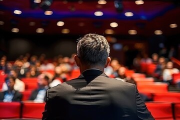 A speaker addresses a captivated audience in a modern auditorium, showcasing engagement and anticipation in a professional setting.
