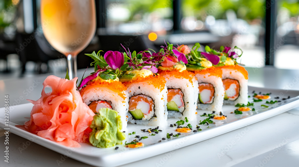 Poster exquisite sushi platter served with garnishes and a drink in a modern dining setting