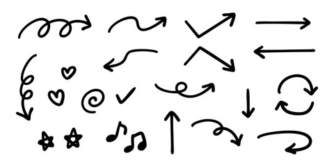 ペンの手書きの矢印と感情のあしらい漫符セット 白黒 ベクター