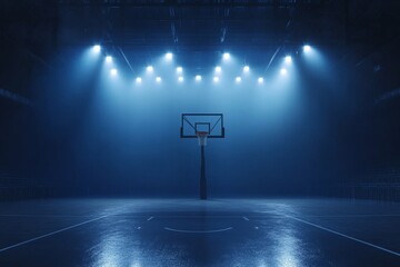 Empty Basketball Court Under Spotlight - A single basketball hoop stands in a dimly lit arena, symbolizing potential, aspiration, challenge, solitude, and the pursuit of dreams.