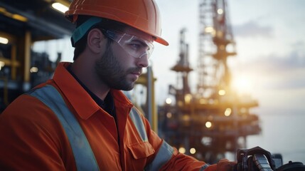 A close-up of an oil rig worker in orange overalls and safety helmet operating a drill on an offshore platform, Offshore platform scene, Gritty and realistic style