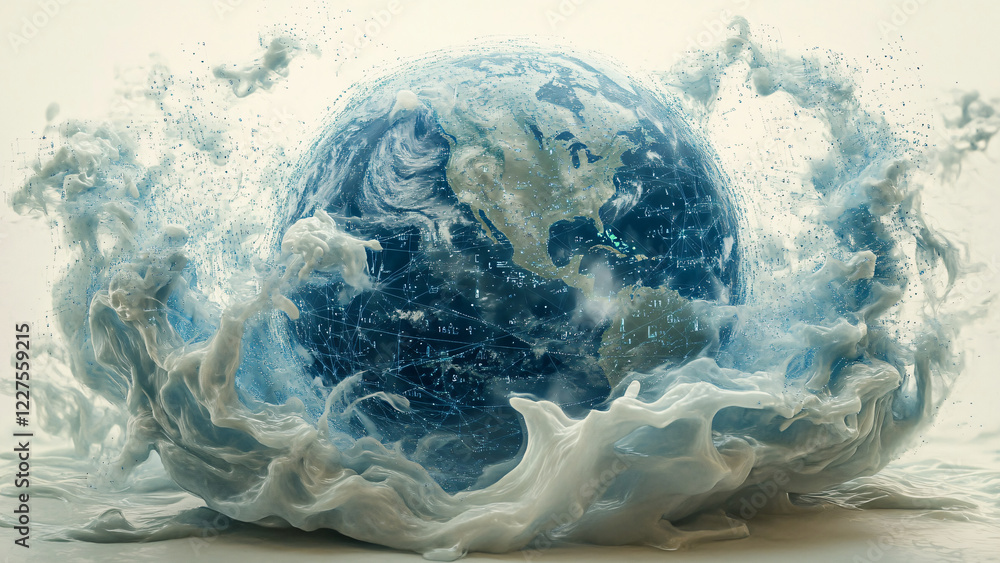 Poster create an 8k-resolution digital artwork meticulously depicting a blue and white globe surrounded by 