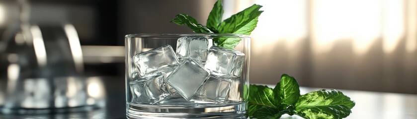 Refreshing drink with ice and mint leaves in a stylish glass on a table.