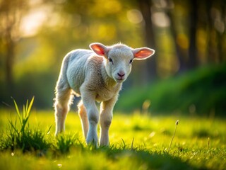 Obraz premium Adorable Young Lambkin in Miniature Meadow, Tilt-Shift Photography