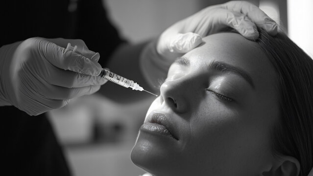 Botox treatment procedure on a womans face with a focus on eyebrows being done in a modern aesthetic clinic highlighting beauty and skincare enhancement techniques for rejuvenation