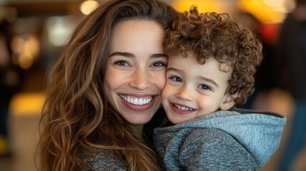 Mother and child sharing a joyful moment, smiling happily together in a bright indoor setting, capturing love, warmth, and family bonds in a candid photograph.