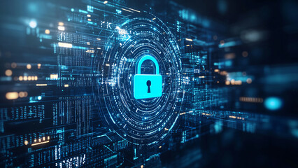 High-tech digital background with a lock on a futuristic interface representing cybersecurity and advanced technology creating a sense of security and digital protection in the modern world