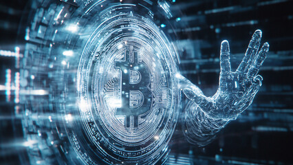 Futuristic semi-transparent hand in center of digital circuit with high-tech elements abstract design modern technology concept creative innovation futuristic aesthetic 8306461b