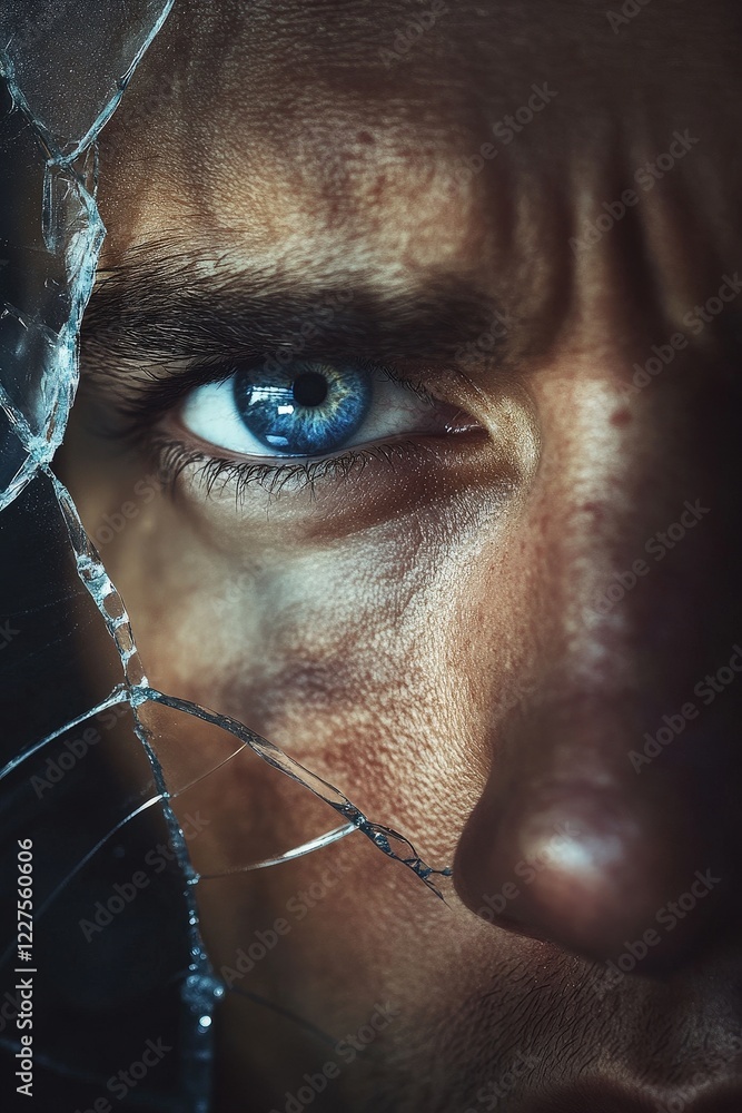 Poster mans intense gaze through broken mirror fragment, capturing emotions of struggle and resilience. clo