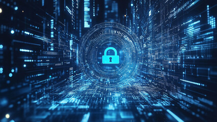 High-tech digital background with a lock on a futuristic interface representing cybersecurity and advanced technology creating a sense of security and digital protection in the modern world