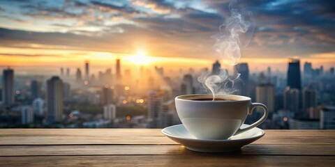 Detailed illustration of a coffee cup with steam rising from the lid, surrounded by a blurred cityscape background , steam, coffee