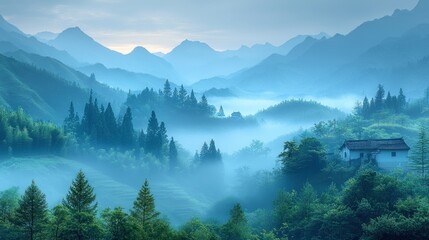 Obraz premium Serene Misty Mountain Village Houses and Trees