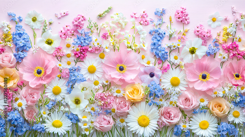 Poster colorful display of mixed flowers arranged in a beautiful pattern on a soft background