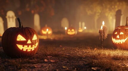 Eerie halloween scene with foggy graveyard spooky pumpkins mysterious atmosphere nighttime creepy vibes