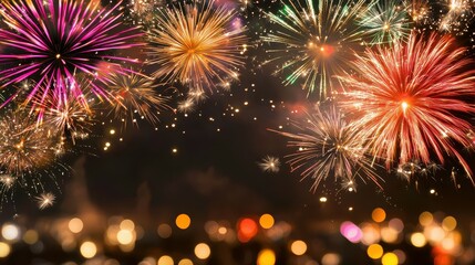 Obraz premium Fireworks display over city skyline at night vibrant celebration urban environment aerial perspective