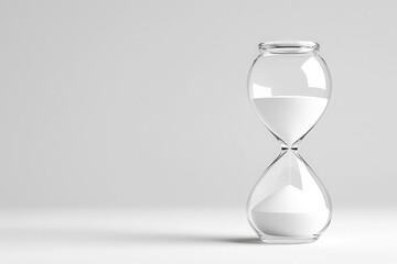 Elegant glass hourglass displaying flowing white sand against a minimalistic background