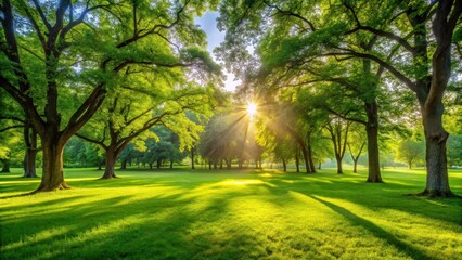 A lush green grass field in a public park with sunlight filtering through the trees and leaves , sunny days, nature elements