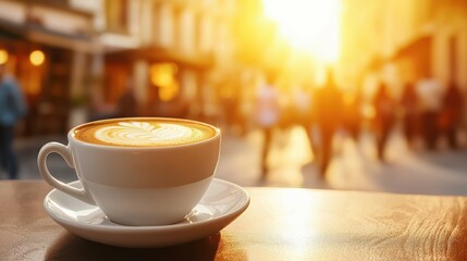 Fototapeta premium Warm afternoon coffee break busy street drink photography urban environment close-up view relaxation concept