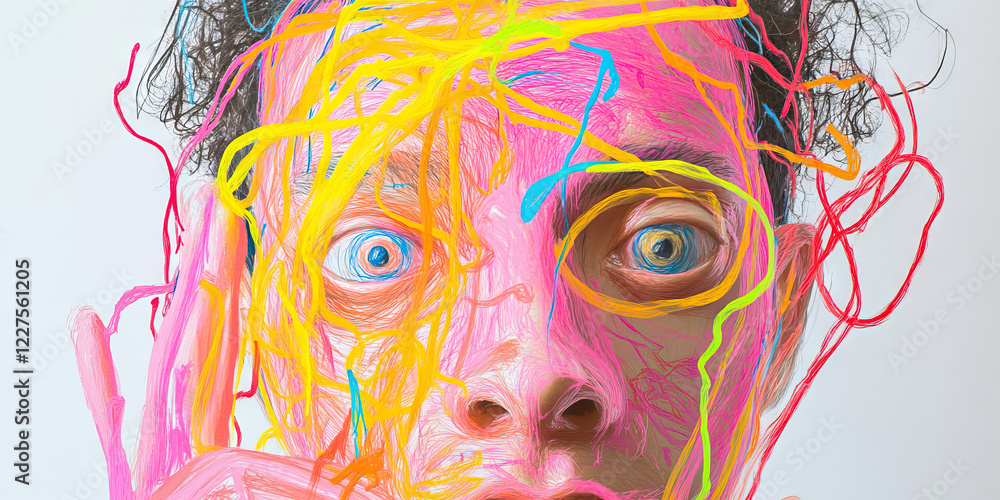Poster abstract portrait with multicolored linear overlays