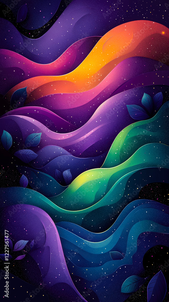 Poster colorful abstract waves with leaves create a mesmerizing visual in a cosmic landscape full of stars 
