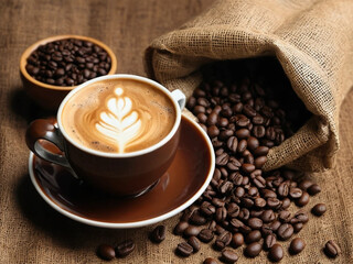 A cup of cappuccino with beautiful latte art, surrounded by roasted coffee beans spilling from a burlap sack. Warm tones and rich textures create a cozy coffee experience.