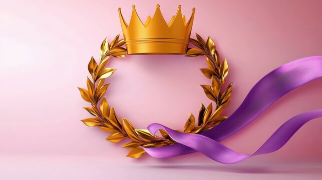 Celebration of victory  golden crown and laurel wreath elegant presentation pink background artistic concept