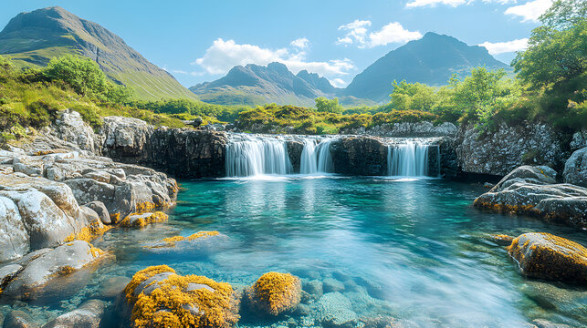 A stunning photography of the Fairy Pools on the Isle of Skye, with their crystal-clear waters cascading down rocks against a backdrop of the Cuillin Mountains.