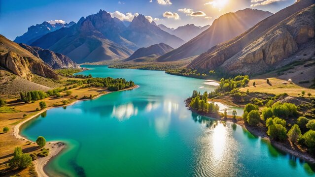 Aerial Cinematic Drone Shot: Turquoise Iskanderkul Lake, Fann Mountains, Tajikistan Summer