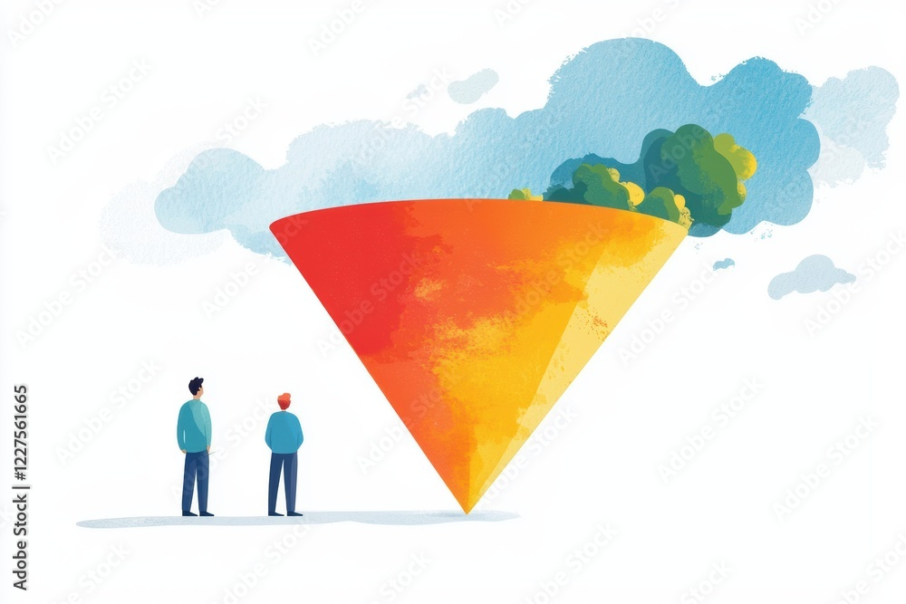 Poster bright graphics illustrating marketing funnel with conversion process elements