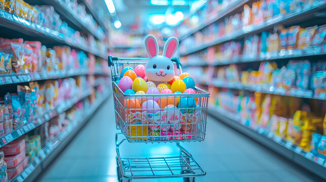 Colorful Easter shopping cart filled with eggs and a bunny toy in a supermarket aisle