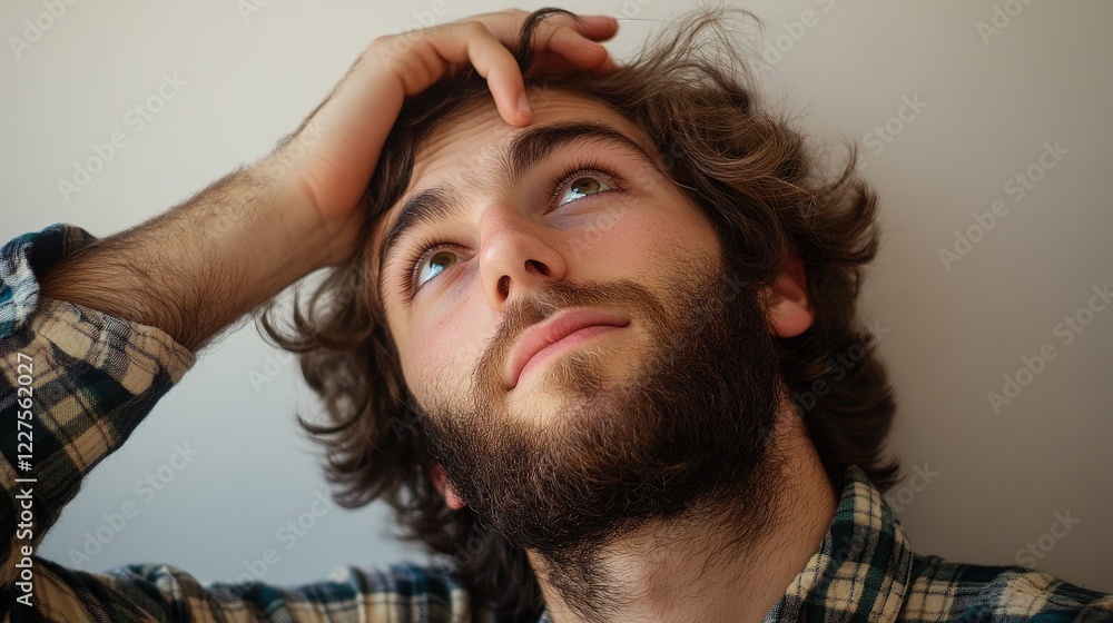 Poster man with beard looking thoughtfully upwards, deep in contemplation while hand on head, reflecting on
