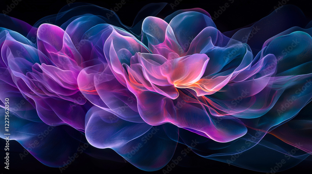 Poster colorful abstract wave formations in a fluid motion display with glowing effects