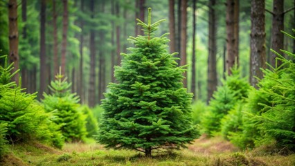 Fototapeta premium Tall Norway spruce tree with dark green needles and a conical shape standing alone in a forest, foliage