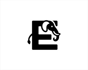 Letter E Elephant silhouette logo design icon vector illustration. Black color Elephant logo template