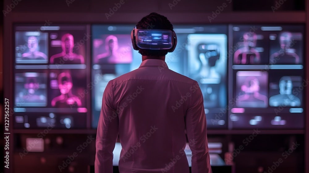 Poster futuristic virtual office with floating holograms enhancing collaborative efficiency