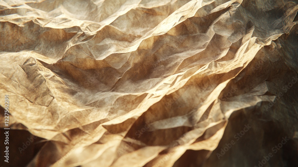 Aufkleber close-up of crumpled light brown paper with fine creases and subtle lighting effects creating an abs