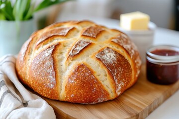 A visually appealing scene featuring a loaf of artisan bread with butter and jam, invitingly arranged on a wooden board, perfect for evoking feelings of warmth and comfort.