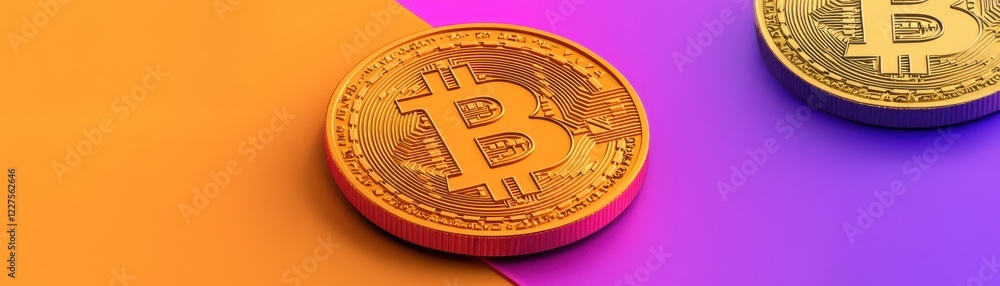 Poster a close-up of golden bitcoin coins resting on a colorful gradient background, symbolizing cryptocurr