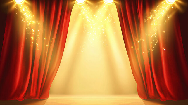 Red velvet curtains parting in the center, unveiling an empty theater stage with golden spotlights, creating a sense of anticipation