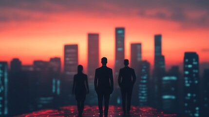 Business Professionals Silhouettes Across Glowing Urban Skyline