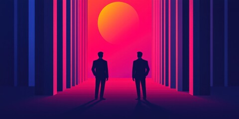 Two silhouetted figures stand in a vibrant, colorful corridor under a large, radiant sun, creating an atmosphere of mystery and intrigue.