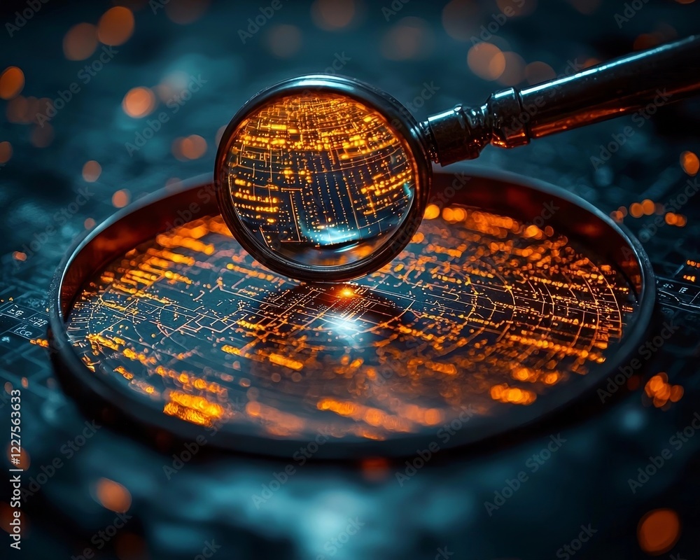 Poster magnifying glass hovering over document zooming in on intricate business data trends with glowing hi