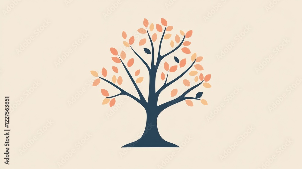 Poster stylized tree icon showcasing branches adorned with colorful leaves. generative ai